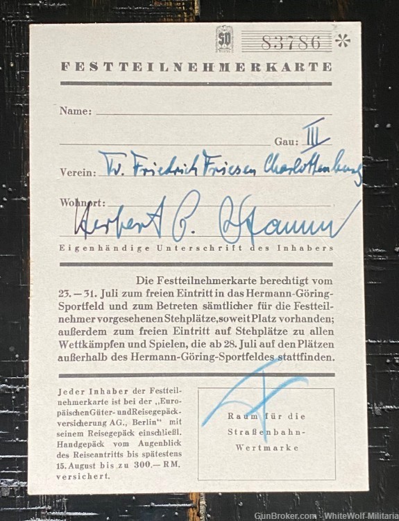 GERMAN WWII DEUTSCHES TURN & SPORTFEST BADGE BRESLAU 1938 H. AURICH w/ CARD-img-7