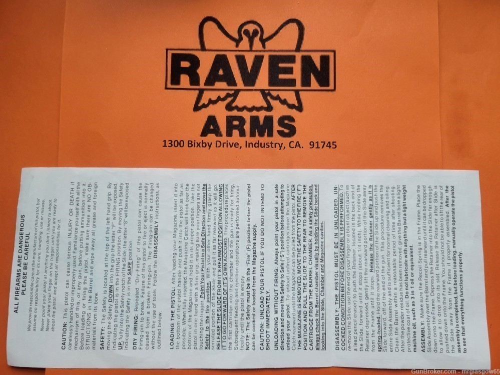 Raven Arms 4th Generation Model P-25 P25 P 25 Owners Manual - Industry, CA -img-1