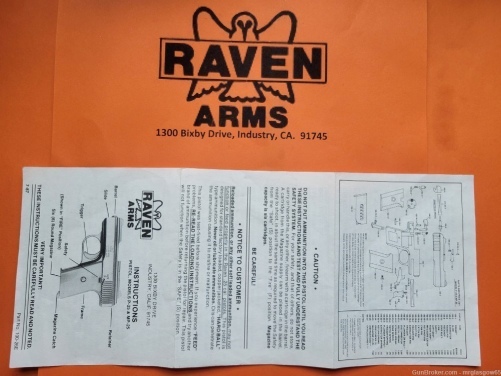 Raven Arms 4th Generation Model P-25 P25 P 25 Owners Manual - Industry, CA -img-0