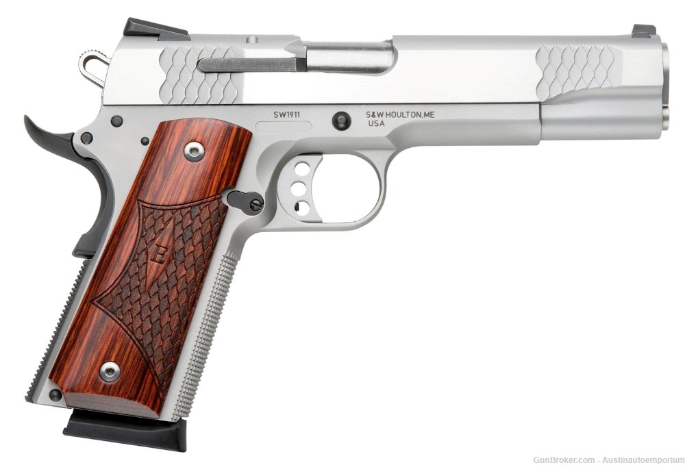 Smith & WESSON 108482 1911 E-SERIES 45ACP 8RD STAINLESS STEEL WOOD GRIP -img-0