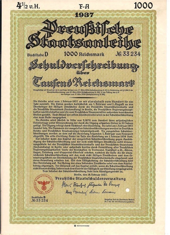 German Prussian State 1000 Reichsmarks bond 1937 with swastika WWII-img-0