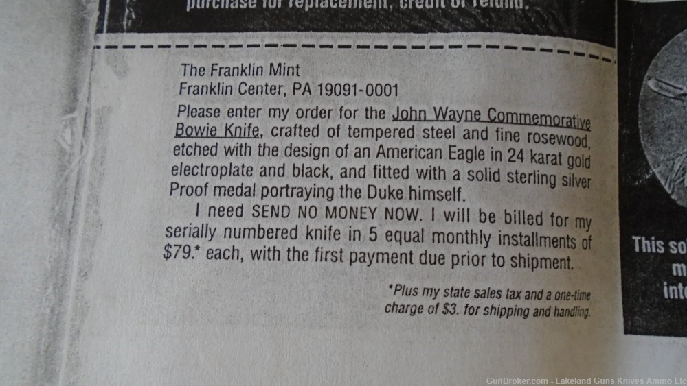 Super Rare John Wayne Commemorative Bowie Knife! Sold for $956+!-img-59