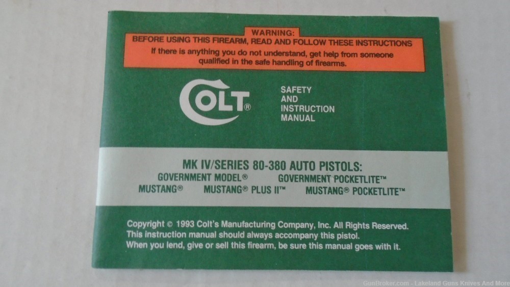 Genuine Colt 1993 Manual for MKIV/SERIES 80 .380 AUTO PISTOLS!-img-0
