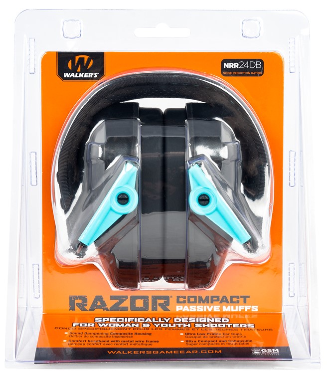 Walkers Razor Compact Passive Muff 24 dB Over the Head Polymer Teal Ear Cup-img-0