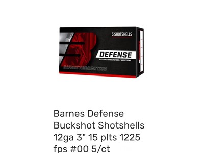 Barnes 12 Gauge Buckshot Shotshells 12ga 3" 15 plts 1225 FPS
