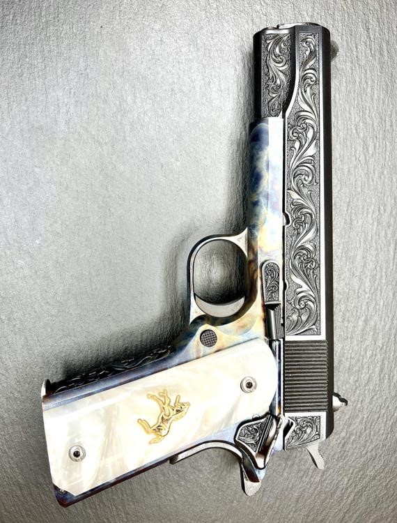 Colt 1911 Custom Altamont Engraved Case Hardened, Blued Regal AA .38 Super-img-1