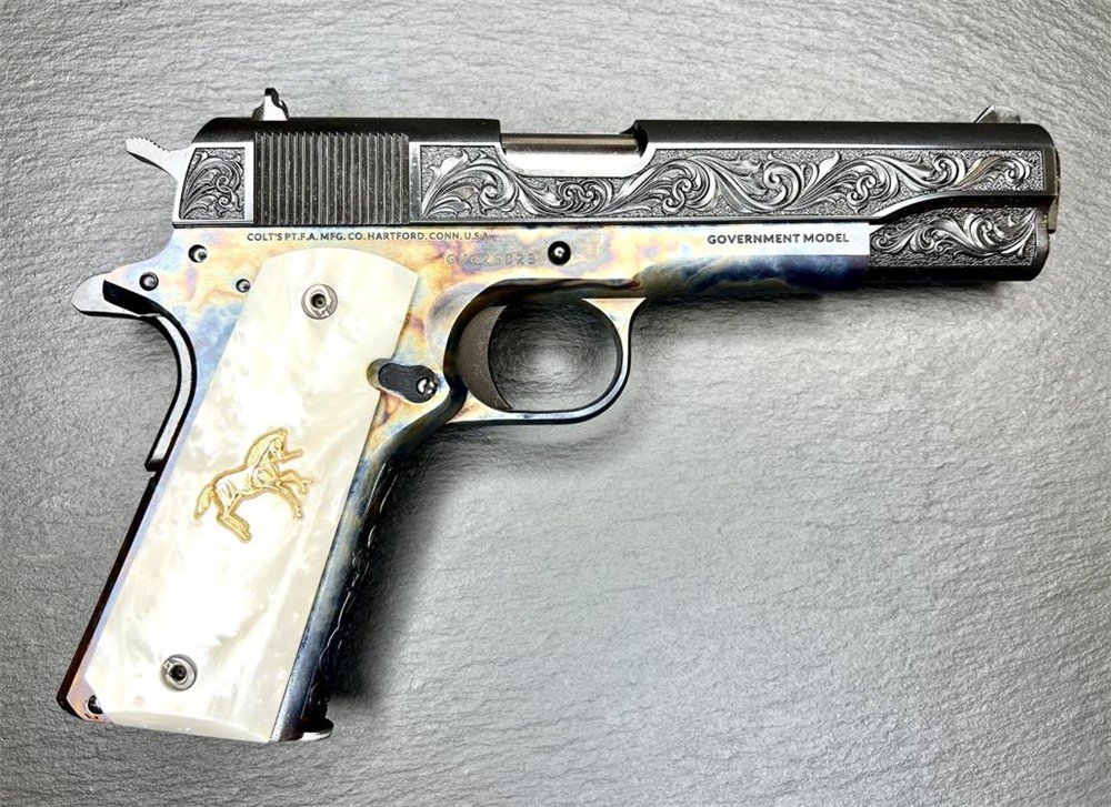 Colt 1911 Custom Altamont Engraved Case Hardened, Blued Regal AA .38 Super-img-6