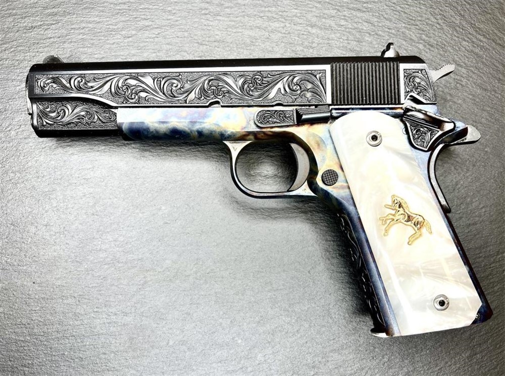 Colt 1911 Custom Altamont Engraved Case Hardened, Blued Regal AA .38 Super-img-0