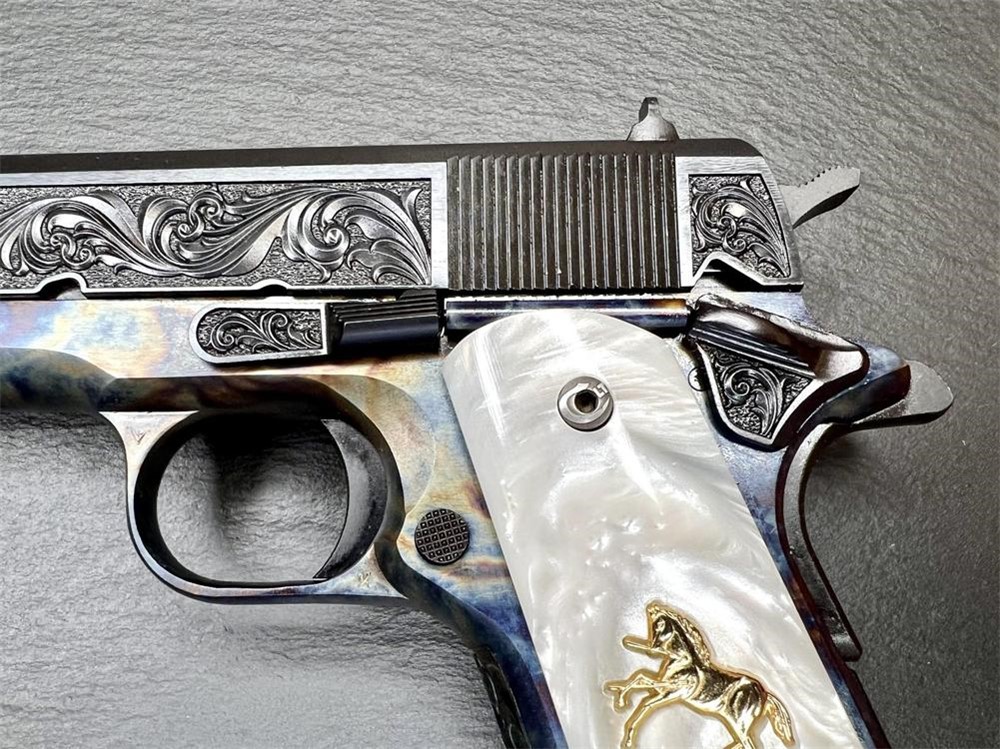 Colt 1911 Custom Altamont Engraved Case Hardened, Blued Regal AA .38 Super-img-3