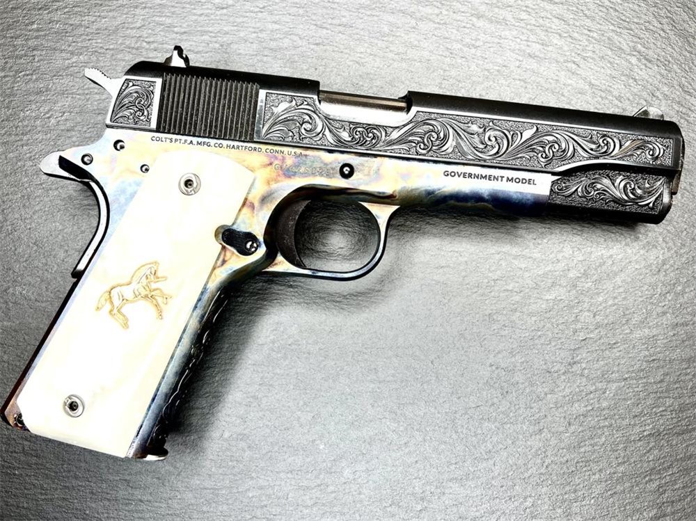 Colt 1911 Custom Altamont Engraved Case Hardened, Blued Regal AA .38 Super-img-9