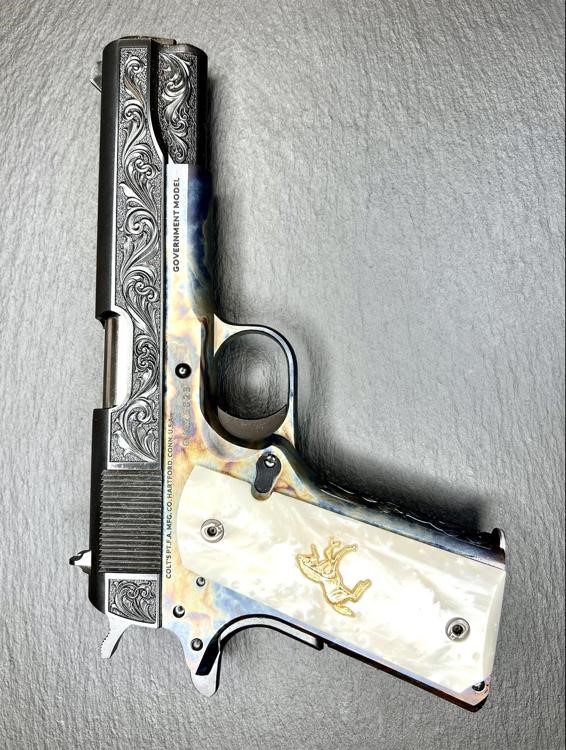 Colt 1911 Custom Altamont Engraved Case Hardened, Blued Regal AA .38 Super-img-7