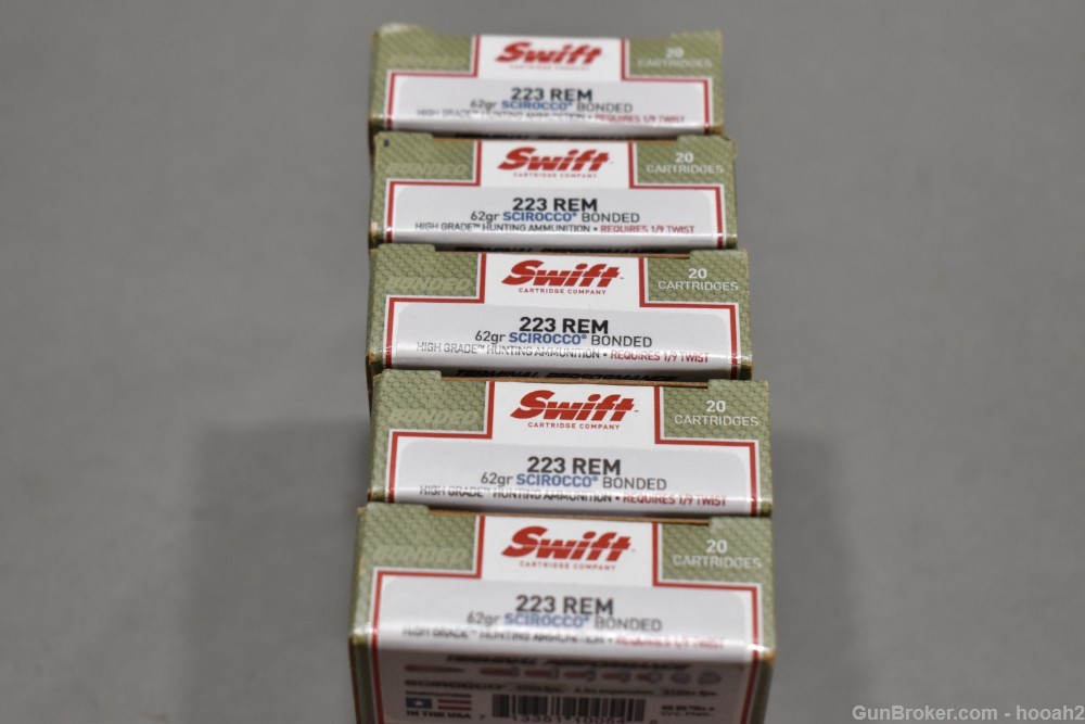 5 Boxes 100 Rds Swift 223 Remington 62 G Scirocco Bonded Hunting Ammunition-img-0