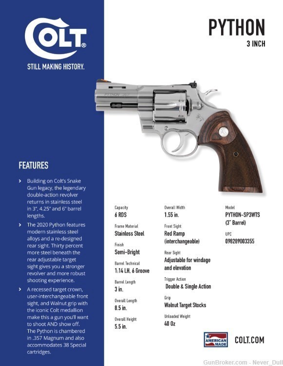Colt Python 3" THIS IS A Beautiful Revolver! NIB-img-1