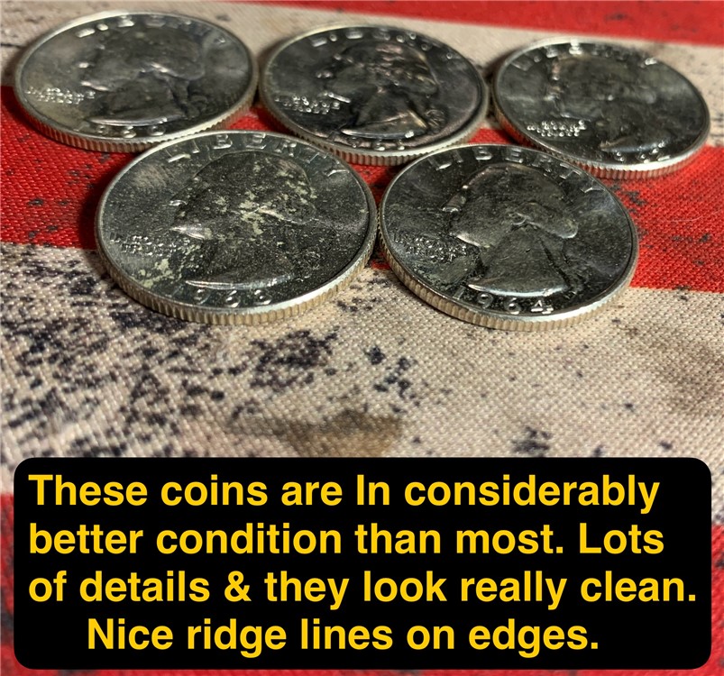 90% Silver Washington Quarters 5 Coins Nicer Grade-img-2