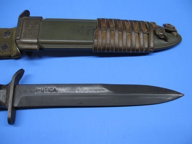 US WWII M3 UTICA BLADE MARKED FIGHTING KNIFE WITH SCABBARD (MINT)-img-2