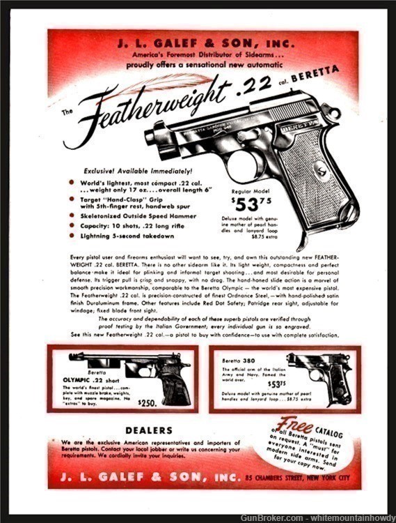 1951 BERETTA Featherweight .22 Pistol w/Olympic .22 & 380 Galef PRINT AD-img-0