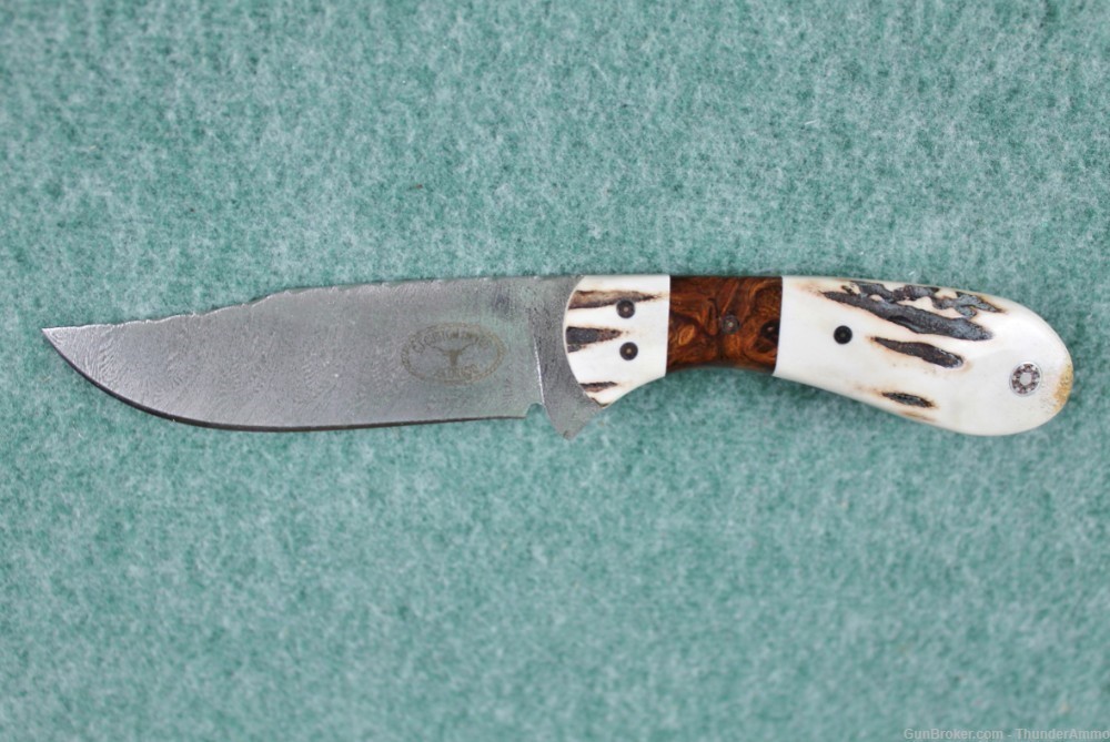 CJ Custom Fixed Blade Damascus Steel Knife Stag Handle w/ Leather Sheath-img-4