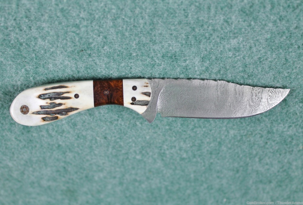 CJ Custom Fixed Blade Damascus Steel Knife Stag Handle w/ Leather Sheath-img-0
