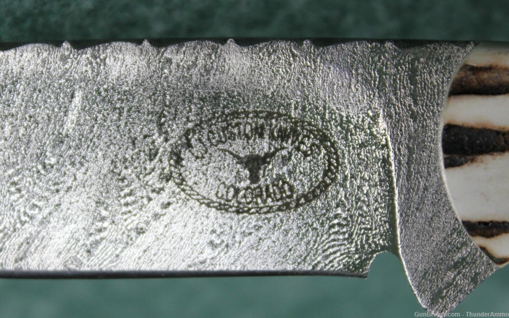 CJ Custom Fixed Blade Damascus Steel Knife Stag Handle w/ Leather Sheath-img-5