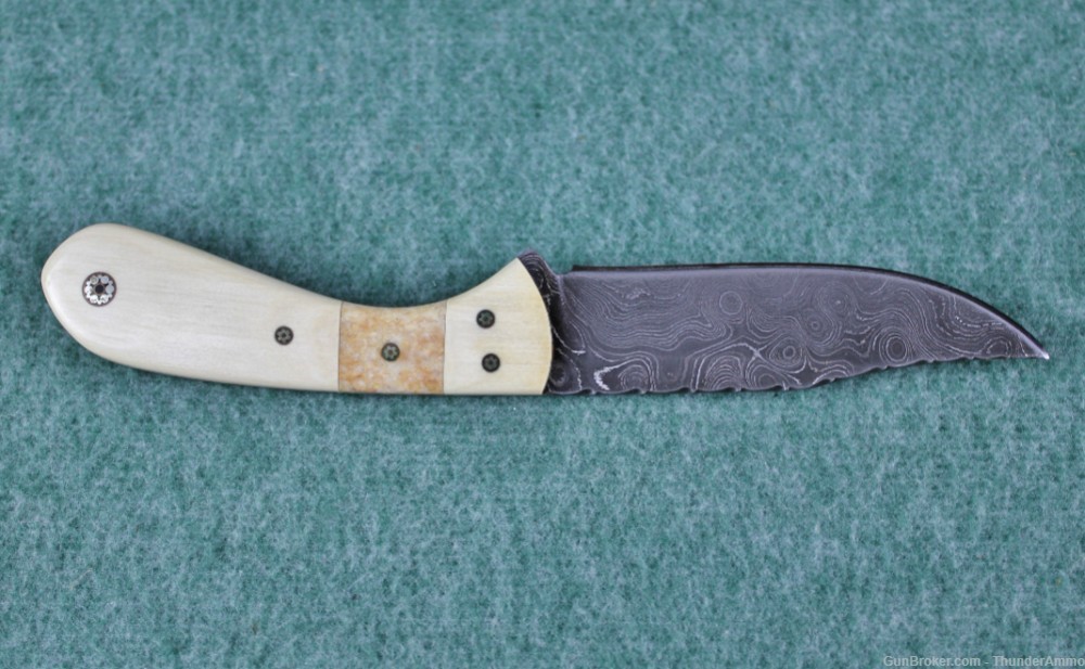 CJ Custom Fixed Blade Damascus Steel Knife Ivory Handle w/ Stingray Sheath-img-3