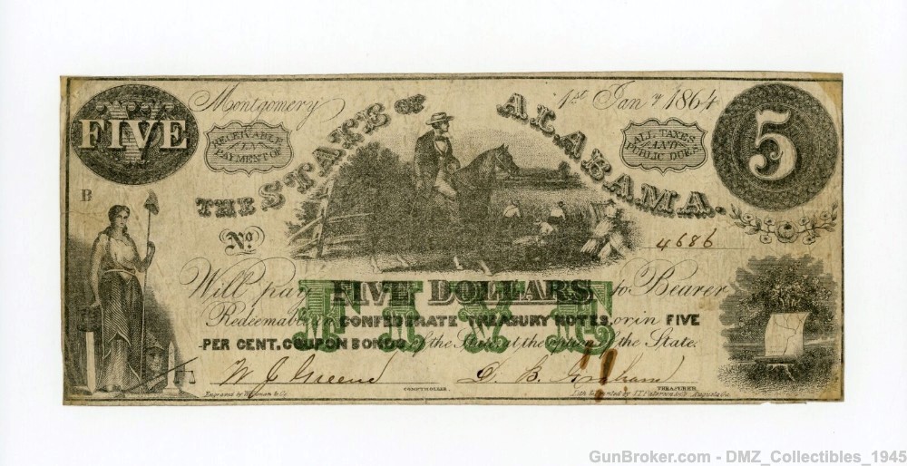 Civil War Era $5 Alabama Note Money Currency-img-0