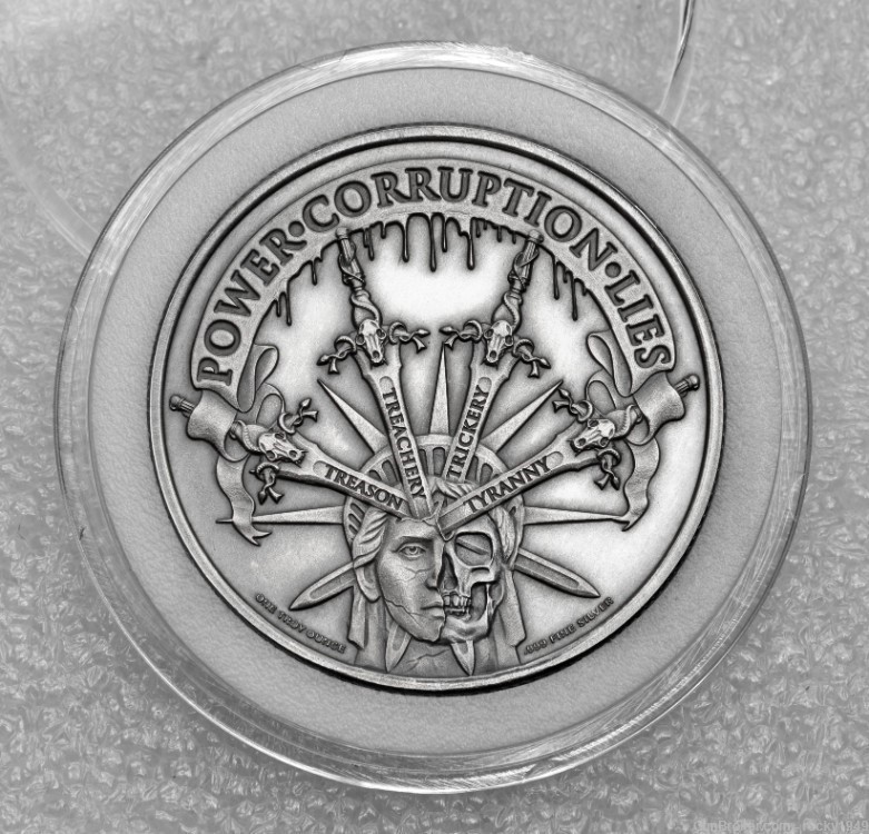 2023 - TYRANNY ( 1 of 4 in series ) - 1oz .999 fine silver antiqued round-img-1