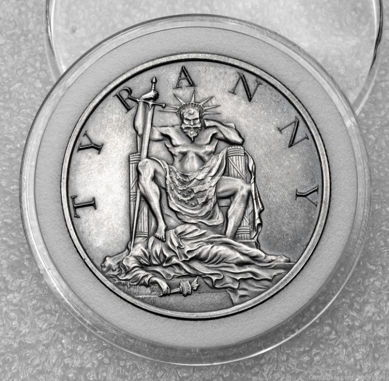 2023 - TYRANNY ( 1 of 4 in series ) - 1oz .999 fine silver antiqued round-img-0