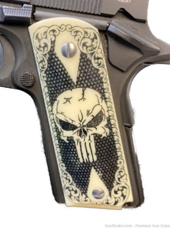 1911 fits Colt & Clones GRIPS Skull Scroll Scrimshaw Faux Ivory PUNISHER-img-1
