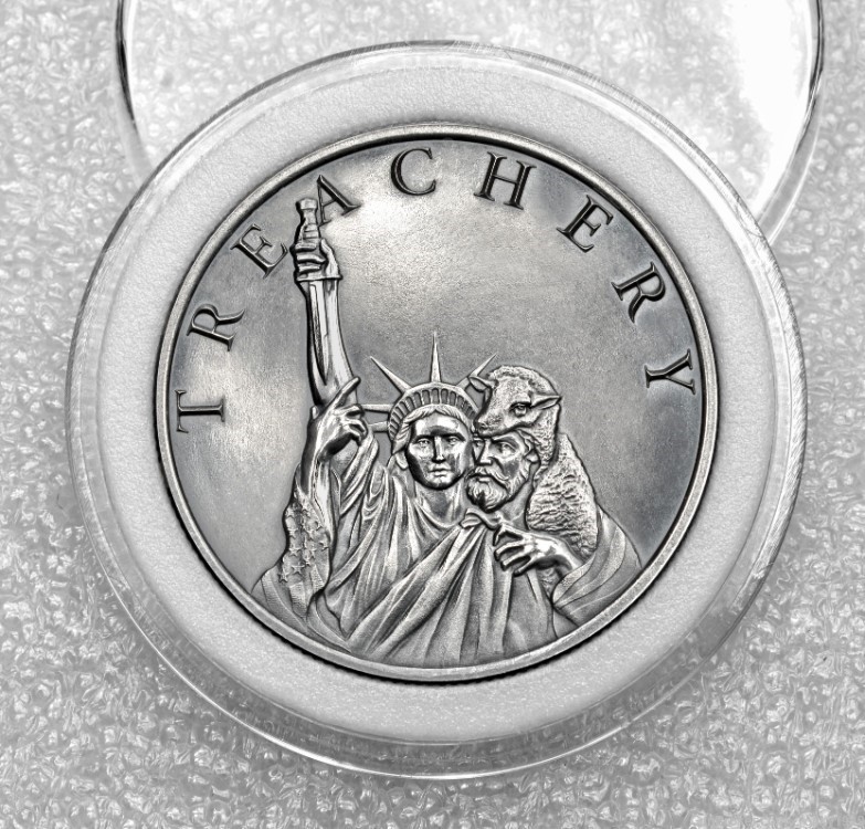  2023 - TREACHERY ( 1 of 4 in series ) - 1oz .999 fine silver antiqued roun-img-0
