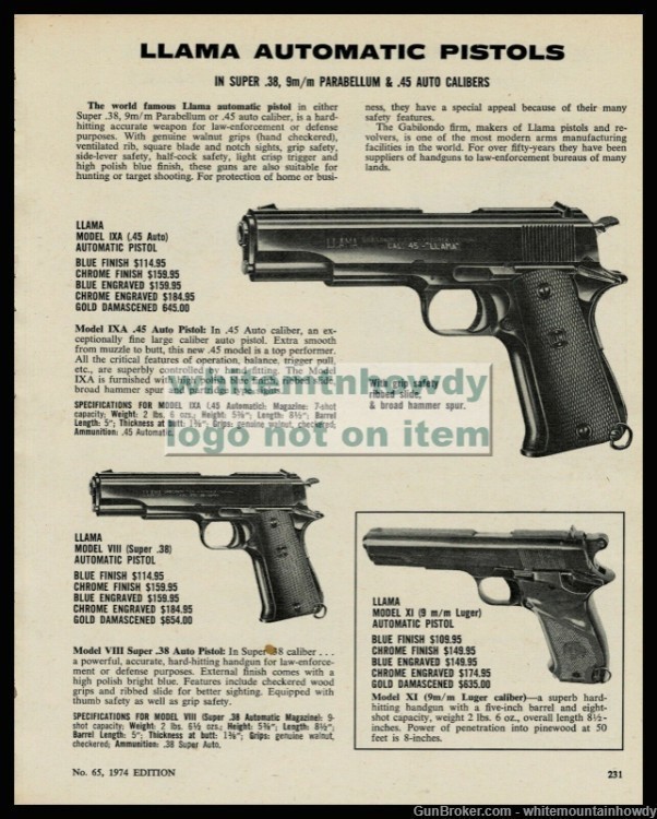 1974 LLAMA IXA VIII and XI 9mm Luger Pistol PRINT AD-img-0
