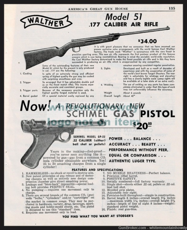 1952 WALTHER Model 51 Air Rifle SCHIMEL Gas Pistol Vintage PRINT AD-img-0