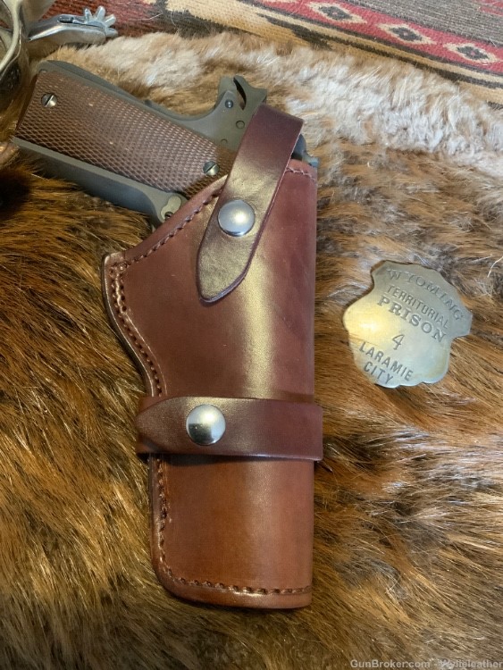 1911 holster, leather, LINED, snap retention, fits 1911, RH, OWB USA-img-0
