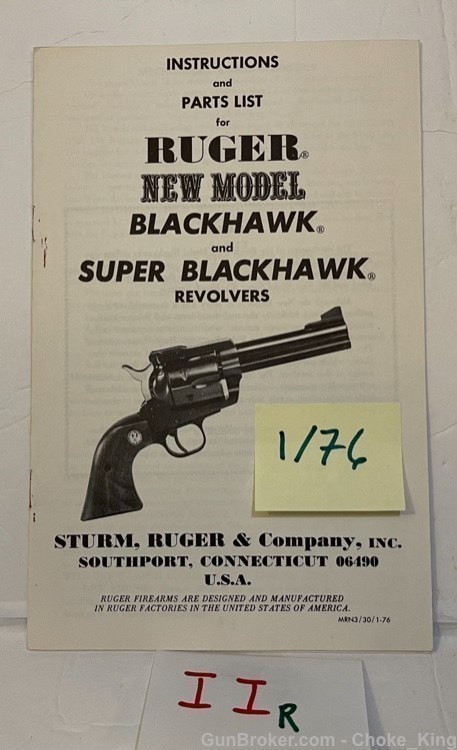Ruger 1976 Model Blackhawk Super Owners Instruction Manual -img-0