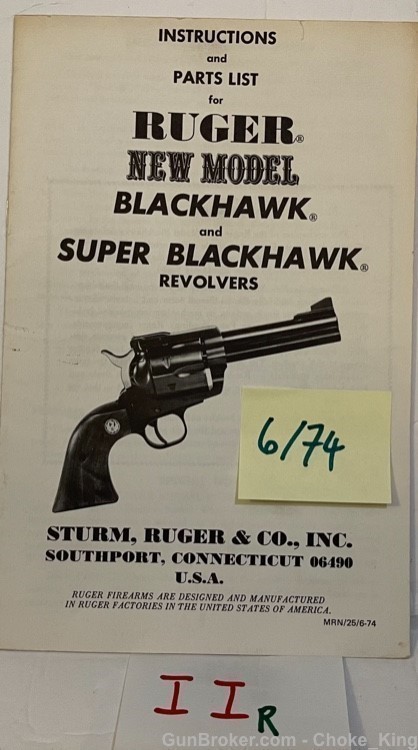 Ruger 1974 Mode BlackHawk Super Owners Instruction Manual -img-0