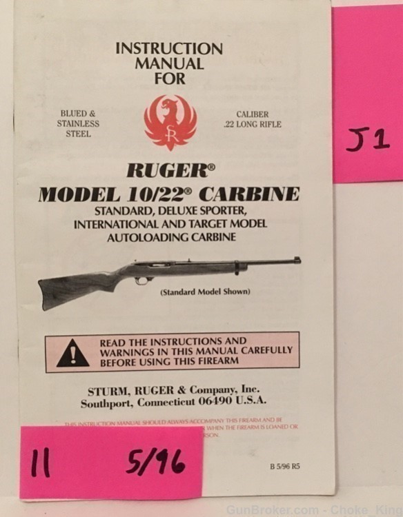 Orig Ruger Model 10/22 Owners Instruction Manual 5/96-img-0