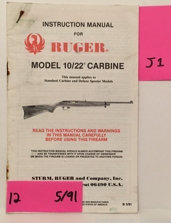 Orig Ruger Model 10/22 Owners Instruction Manual 5/91-img-0