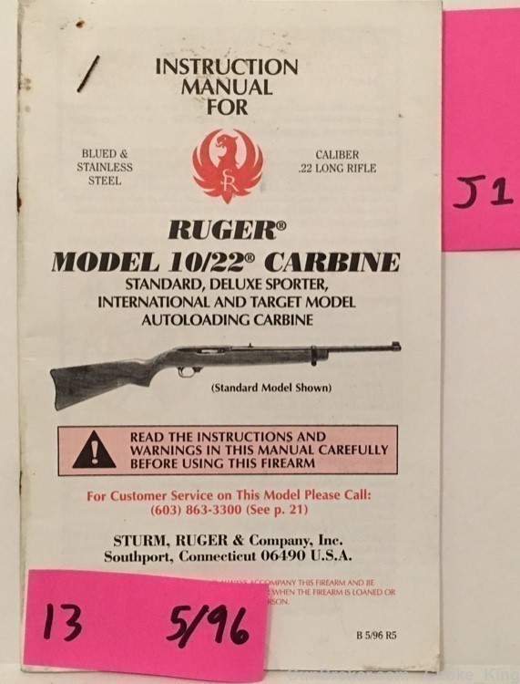 Orig Ruger Model 10/22 Carbine Owners Instruction Manual 5/96-img-0