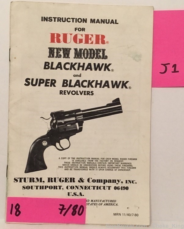 Orig Ruger New Model Blackhawk Super Owners Instruction Manual 7/80-img-0