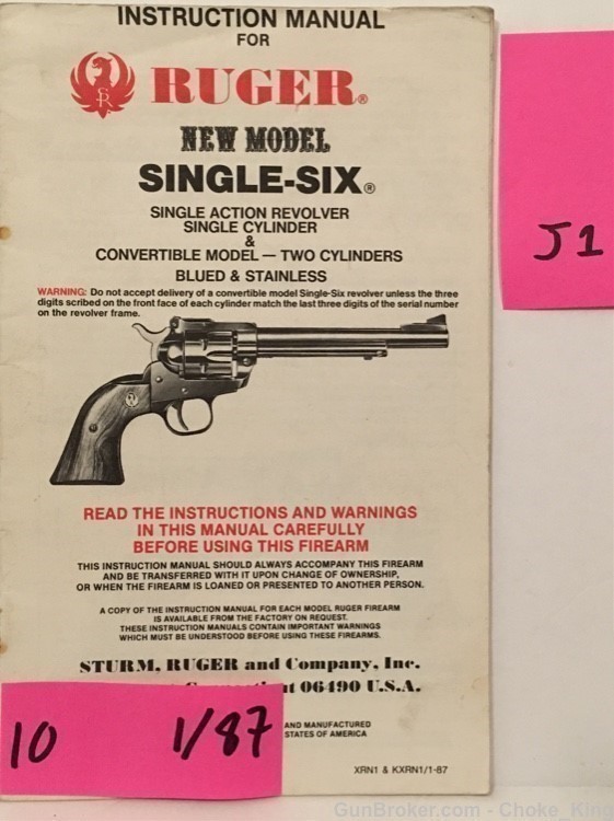 Orig Ruger New Model Single Six  Owners Instruction Manual 1/87-img-0