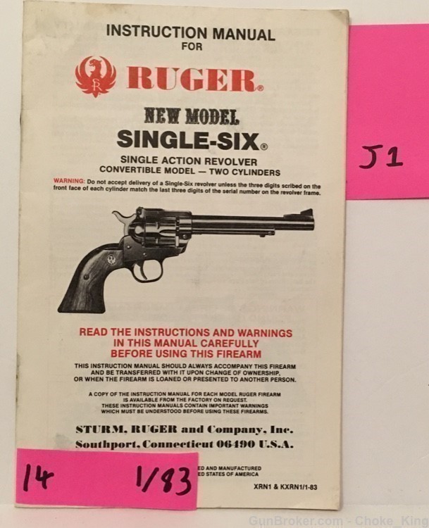 Orig New Model Single Six Ruger Owners Instruction Manual 1/93-img-0