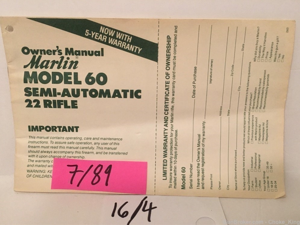 Original Marlin Model 60 Owners Instruction Manual 7/89-img-0