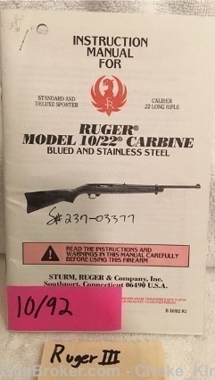Orig Ruger 10/22 Owners Instruction Manual 10-92-img-0