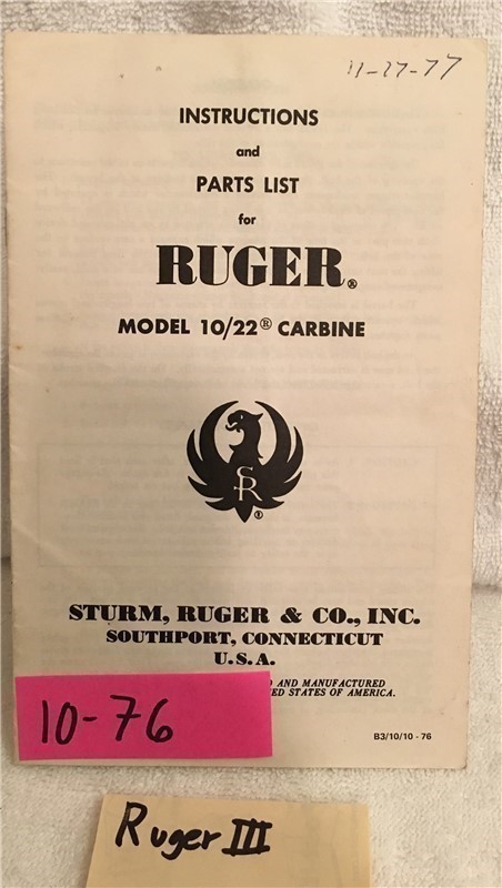 Orig Ruger 10/22 Owners Instruction Manual 10-76-img-0