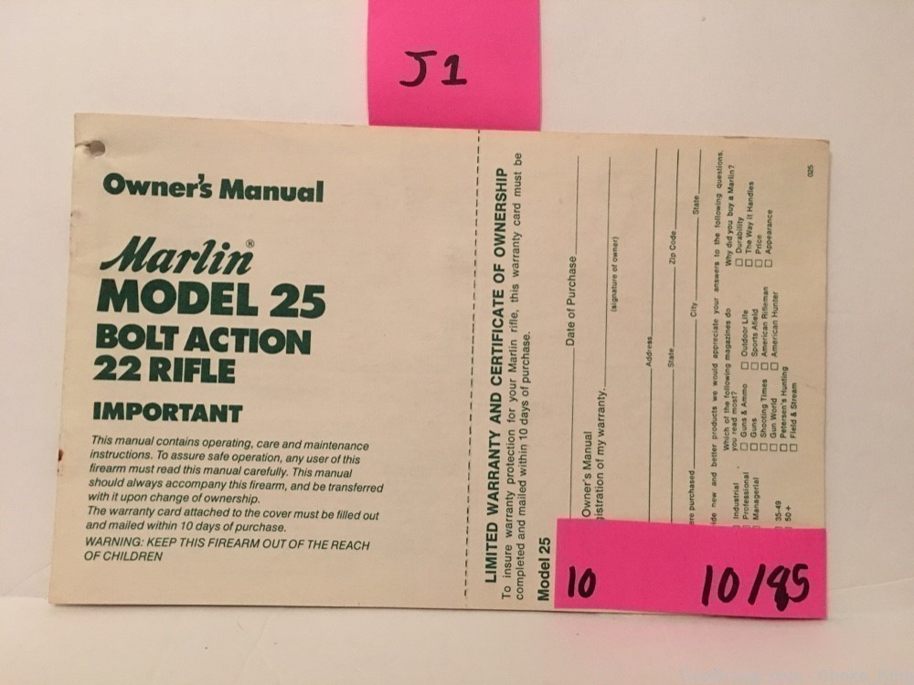 Marlin Model 25 .22 Owners Instruction Manual 1985-img-0