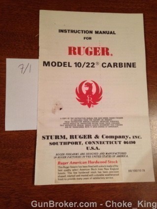 Ruger Model 10/22 Carbine Owners Manual 10/79-img-0