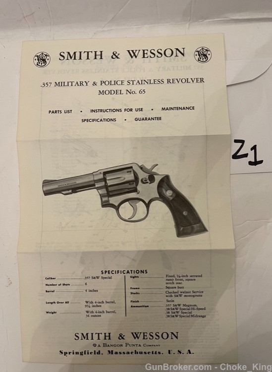 S&W Revolver Model 65 .357 Owners Instruction Manual-img-0