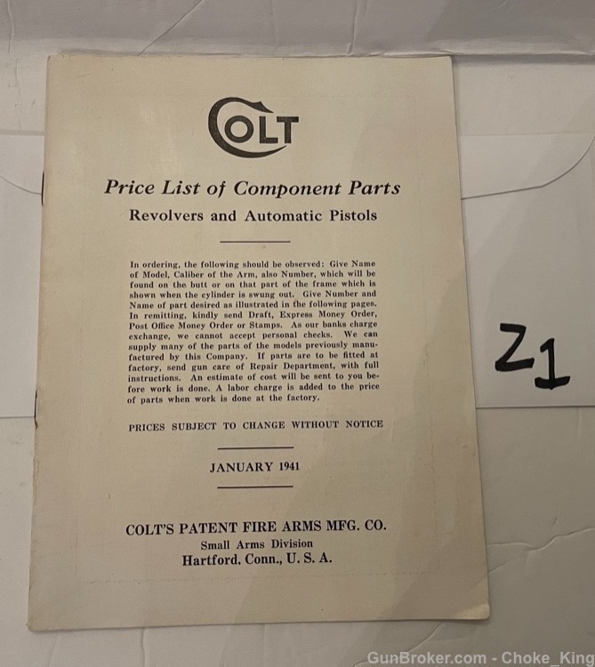 Colt Part List & Prices Owners Instruction Manual -img-0