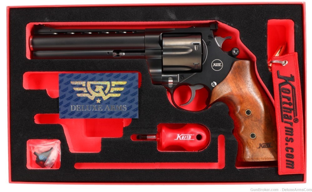 NEW! Korth NSX Mongoose Revolver 6 in 44 Magnum Walnut Grip Black DLC Frame-img-0