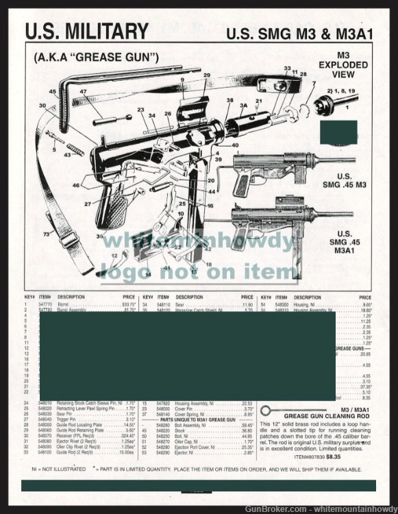 2000 U.S. SMG .45 M3 and M3A1 GREASE GUN Parts List-img-0