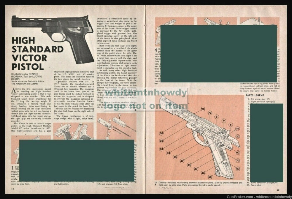 1975 HIGH STANDARD Victor Pistol Schematioc Parts List Assembly Article-img-0